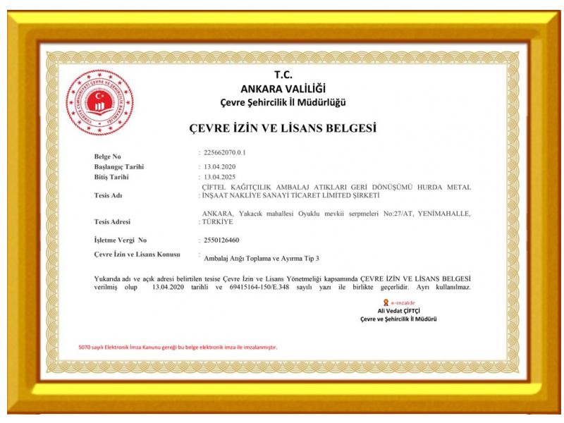 Çiftel Kağıtçılık çevre izin ve lisans belgesi